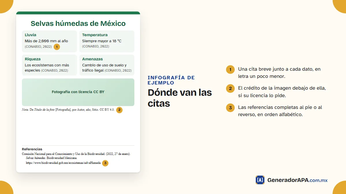 Infografía de ejemplo con citas APA junto a cada dato, crédito de la imagen y referencias al pie