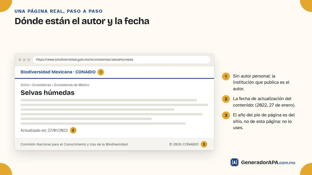 Esquema de la página Selvas húmedas de la CONABIO con el autor, la fecha de actualización y el año del pie de página señalados