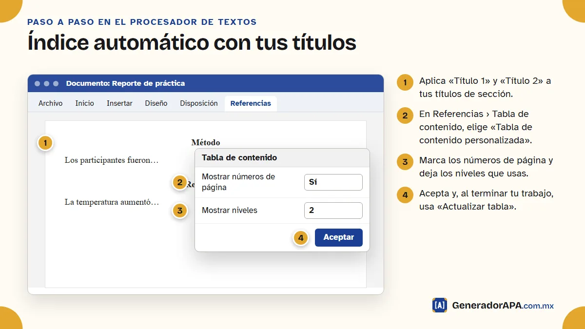 Pasos para hacer un índice automático en el procesador de textos con estilos de título y tabla de contenido