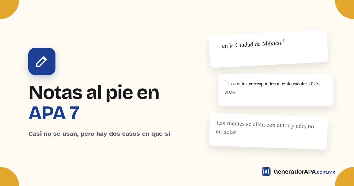 Portada de la guía de notas al pie en APA 7 con un ejemplo de número volado y nota