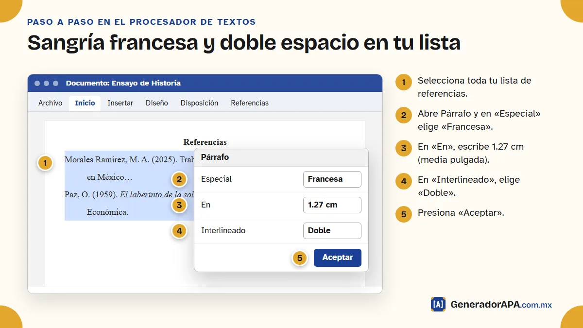 Pasos para aplicar sangría francesa y doble espacio a la lista de referencias APA en el procesador de textos