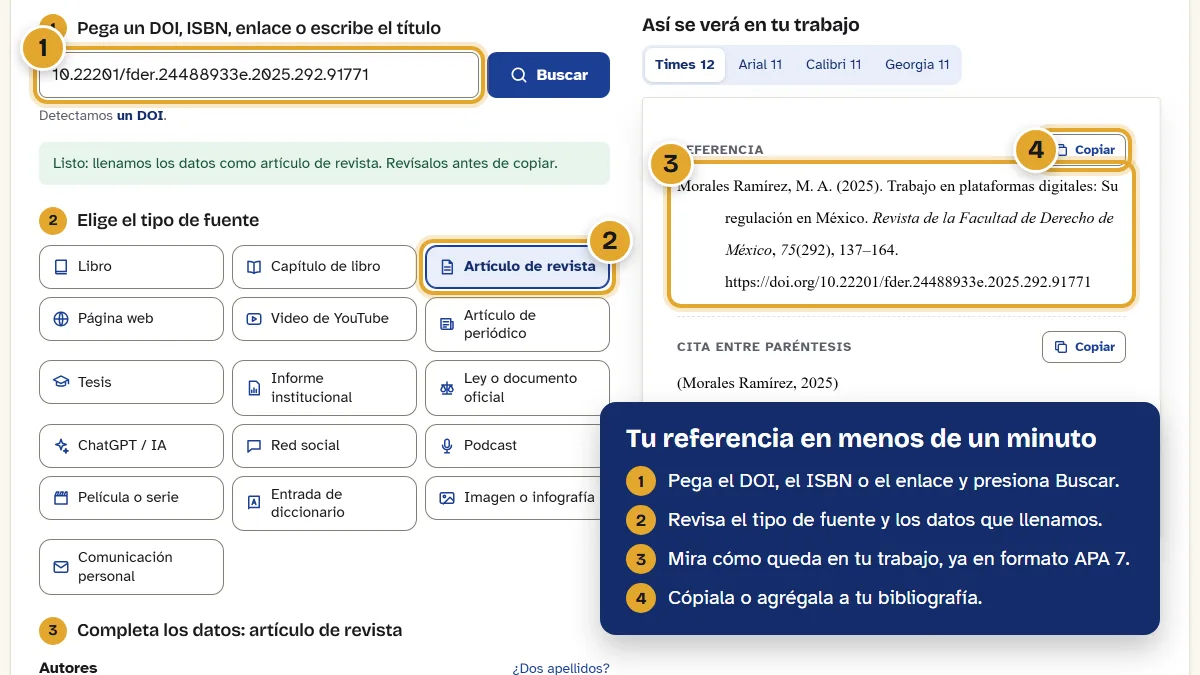 Generador APA con el DOI de un artículo pegado, el tipo de fuente elegido y la referencia APA 7 lista para copiar